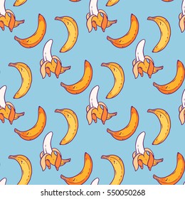 Seamless vector pattern of yellow peeled banana on a blue background. Simple memphis background