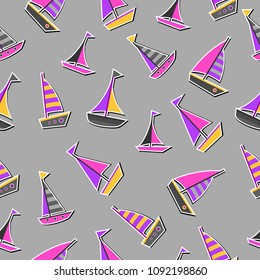 Seamless vector pattern with yellow, pink and violet ships on a dark gray background. Cute child illustration. Sea transport. Cartoon spring pattern.