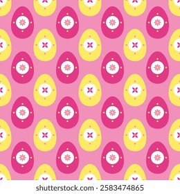 Seamless vector pattern with yellow and pink Easter eggs decorated with dots and flowers. Spring bright design for textile, fabric, wallpaper, wrapping paper and other surfaces.