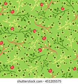 Seamless vector pattern with yellow, pink and green branches and red apples for your design. Cute ornament. Elegant plant illustration. Curious background