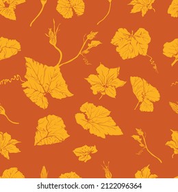 Seamless vector pattern yellow pumpkin leaves   flowers an orange background