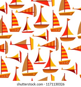 Seamless vector pattern with yellow, red and brown ships on a white background. Cute warm child illustration. Sea transport. Cartoon autumn pattern. 