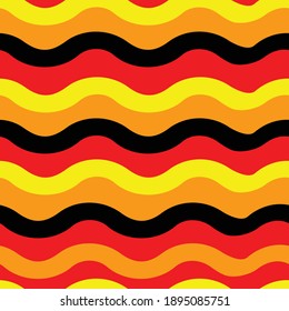 Seamless vector pattern with yellow and red wavy lines. Retro artistic background. Contrast striped wallpaper design. Bright funky fashion textile.