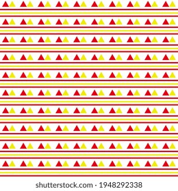 Seamless vector pattern with yellow and red stripes and triangles on a white background. Fashionable illustration for tiles, packaging, textiles.