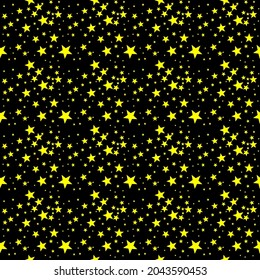 Patrón vectorial sin brillo con estrellas amarillas sobre fondo negro. patrón vectorial para postales, papel pintado, papeles, textiles, ropa de cama.