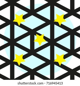 Seamless vector pattern. Yellow stars, light blue, black and white background. Geometric ornament endless pattern.