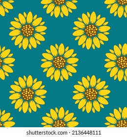 Seamless vector pattern with yellow sunflower on a blue background. Floral illustration. Art. Blue and yellow conceptual idea - with Ukraine.