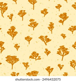 
Seamless vector pattern in yellow tones with tansy inflorescences and small specks.