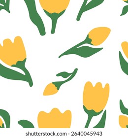 Seamless vector pattern of yellow tulips and green leaves on a white background in a flat minimalist style
