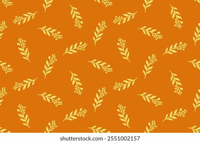 Seamless vector pattern with yellow twigs on orange background. Decorative delicate plant print for textiles, fabrics, covers, wallpapers and other surfaces.