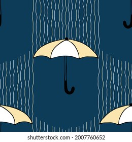 Seamless vector  pattern with yellow umbrellas on blue background. Decorative weather wallpaper design. Rainy season fashion textile.