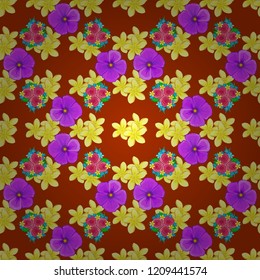 Seamless vector pattern in yellow, violet and orange colors with cute plumeria flowers. Floral background.