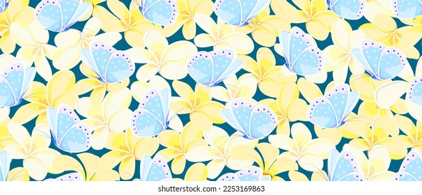 Seamless vector pattern of yellow and white plumeria flowers with butterflies