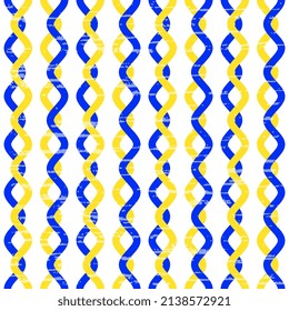 Seamless vector pattern with yellow-blue waves interlacing on white with old antique texture. Blue and yellow conceptual idea - with Ukraine. Wavy vertical illustration.