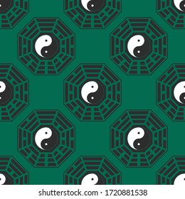 Seamless vector pattern with Yin and yang symbol with Bagua Trigrams