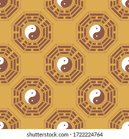 Seamless vector pattern with Yin and yang symbol with Bagua Trigrams