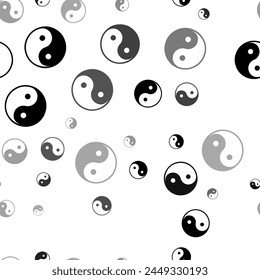Seamless vector pattern with yin yang symbols, creating a creative monochrome background with rotated elements. Vector illustration on white background