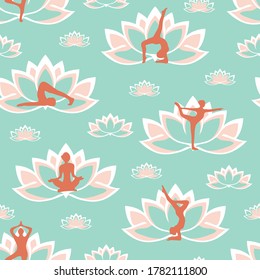 Patrón vectorial impecable con poses de yoga y flores de loto sobre fondo azul. Hermoso diseño de papel tapiz zen con silueta femenina. Tela de moda de estilo de vida.