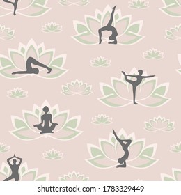 Seamless vector pattern with yoga poses and lotus flower on light pink background. Zen wallpaper design with silhouette of women. Buddha fashion textile.