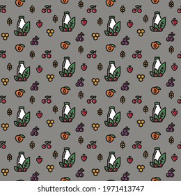 Seamless vector pattern of yogurt, berries, cereals, honey. Contour icons. Natural yogurt, bottles of eco-yogurt, bio yogurt. Production of farm food products.