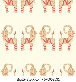 Seamless vector pattern with Yule Goat or Christmas goat, Scandinavian and Northern European traditional christmas decoration on light yellow background