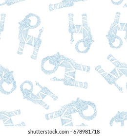 Seamless vector pattern with Yule Goat or Christmas goat, Scandinavian and Northern European traditional christmas decoration light blue hand drawn line art on white background