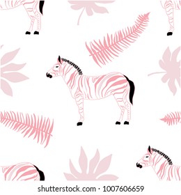 Seamless vector pattern with zebra and palm leaves in pastel colors