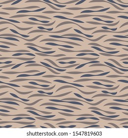 A seamless vector pattern with zebra print wavy lines in neutral sand colors. Camouflage surface print design. Can be used as water waves after recoloring.