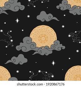 Seamless vector pattern with zodiac moon on dark brown background. Astronomy night wallpaper design with Taurus. Chinese culture fashion textile.