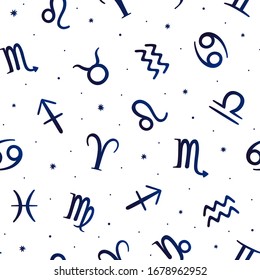 Seamless vector pattern with zodiac signs on white background. Space background.