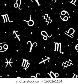 Seamless vector pattern with zodiac signs on black background. Space background.