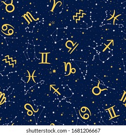 Seamless vector pattern with zodiac signs and constellations on blue background. Space background.