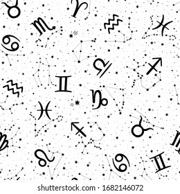 Seamless vector pattern with zodiac signs and constellations on white background. Space background.