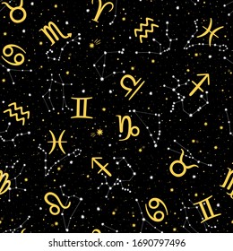 Seamless vector pattern with zodiac signs and constellations on black background. Space background.