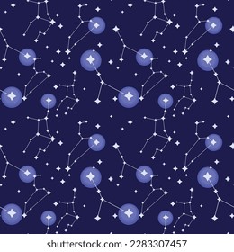 Seamless vector pattern. Zodiac signs. Space background. Use for wrapping paper, fabric etc. Vector stock illustration