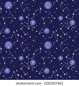 Seamless vector pattern. Zodiac signs. Space background. Use for wrapping paper, fabric etc. Vector stock illustration