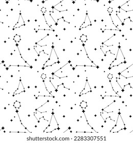 Nahtloses Vektormuster. Zodiac-Schilder. Weltraumhintergrund. Verwendung für Verpackungspapier, Gewebe usw. Vektorgrafik