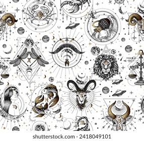 Seamless vector pattern zodiac signs.  Aries, Taurus, Gemini, Cancer, Leo, Virgo, Libra, Scorpio, Sagittarius, Capricorn, Aquarius, Pisces. Black white with gold