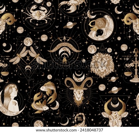 Seamless vector pattern zodiac signs.  Aries, Taurus, Gemini, Cancer, Leo, Virgo, Libra, Scorpio, Sagittarius, Capricorn, Aquarius, Pisces. Gold on black background