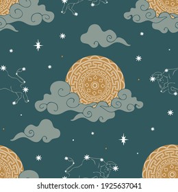 Seamless vector pattern with zodiac symbol and moon on teal blue background. Simple astronomy wallpaper design. Decorative horoscope fashion textile.