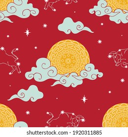 Seamless vector pattern with zodiac Taurus sky on bright red background. Chines year wallpaper design with moon. Asia culture fashion textile.