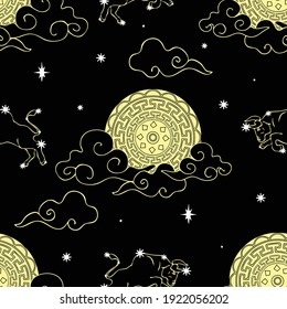 Seamless vector pattern with zodiac Taurus on black background. Dark astronomy sky wallpaper with moon. Chines horoscope fashion textile.