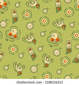 Seamless vector pattern with zombie skull, hand, eyes and finger on green background. Illustration for textile, print, card, invitation, wallpaper, fabric