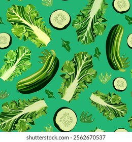 Seamless vector pattern with zucchini and lettuce. Healthy food.