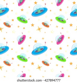 Seamless vector pattern.Alien in a flying saucer.A child's drawing. Wallpaper.