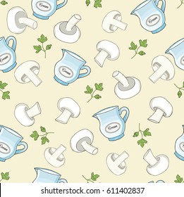Seamless vector pattern.Champignons cream soup ingredients set pattern on the light yellow background.