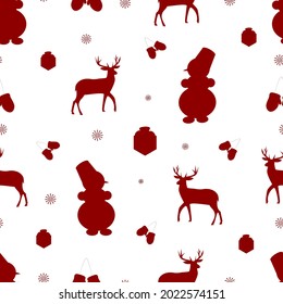 Seamless vector pattern.Christmas and New Year theme. Drawn boxes with gifts, deer, snowmen, mittens in red on a white isolated background. 