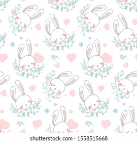 Seamless vector pattern.Delicate white hare in pink and blue colors and hearts around. Children's vector illustration in pastel colors. For newborn