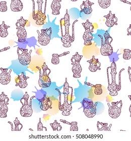 Seamless vector pattern.Eastern pitchers/ Template for printing onto fabric, wrapping paper, textiles.