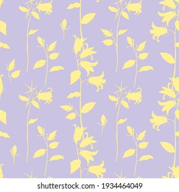 Seamless vector pattern.Floral pattern.Silhouettes of bells.Multi-layer vector file.Yellow silhouettes of bluebells on a purple background.Multi-layer pattern.For finishing fabrics, paper, wallpaper.